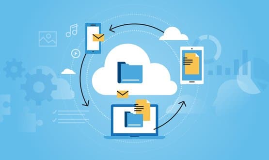 A graphic depicting data transfer between a laptop, smartphone and tablet device