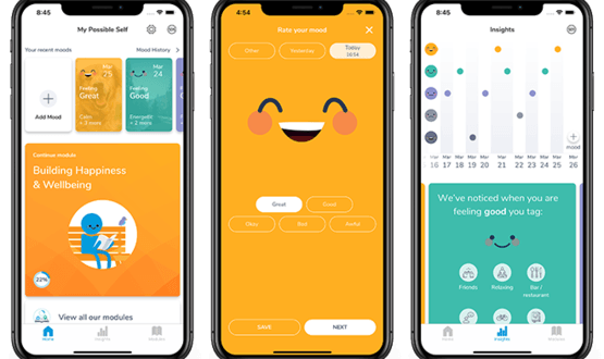 Screenshots of the mental health support app, My Possible Self, which is now free on the NHS for Londoners