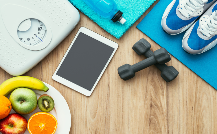 Sports,And,Workout,Equipment,,Digital,Tablet,And,Fruit,On,A