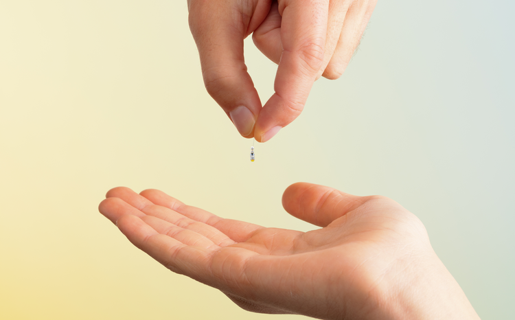 A hand holding a neurosurgical microrobot from medtech startup Robeauté,